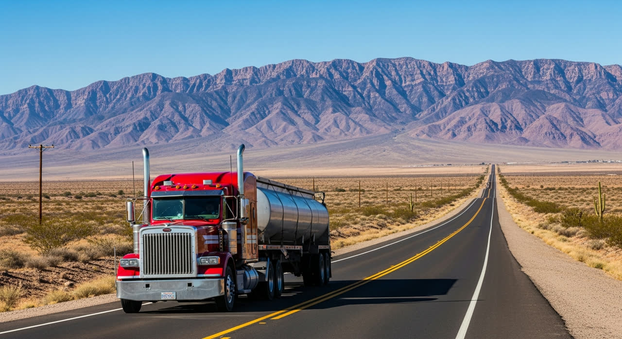 Illustration of a tanker truck on a desert highway